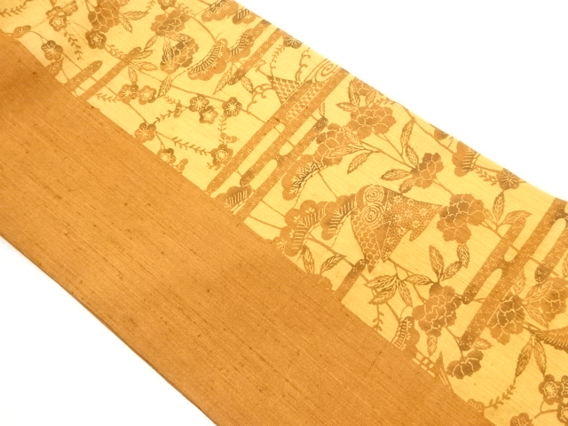 JAPANESE HIRAKI NAGOYA OBI / TSUMUGI / KATAZOME / FLOWER & BIRD